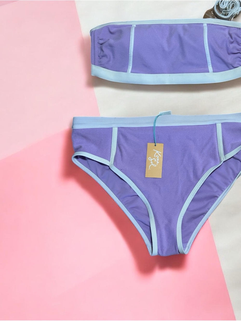 Kona Sol Terrycloth Lavender Bandeau Bikini with Light Blue Trim Size 14W NWT